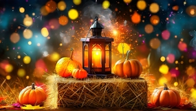 唯美梦幻光晕感恩节南瓜手提灯摄影图片